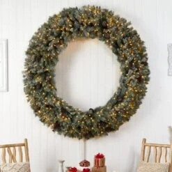 72 In. Pre-Lit LED Giant Flocked Artificial Christmas Wreath With Pinecones, 600 Clear LED Lights -Christmas Gift Shop nearly natural christmas wreaths w1282 31 1000