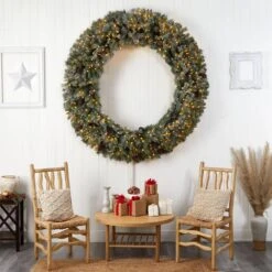 72 In. Pre-Lit LED Giant Flocked Artificial Christmas Wreath With Pinecones, 600 Clear LED Lights -Christmas Gift Shop nearly natural christmas wreaths w1282 44 1000