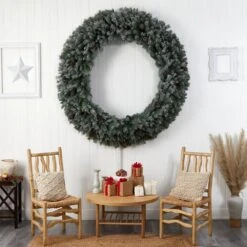 72 In. Pre-Lit LED Giant Flocked Artificial Christmas Wreath With Pinecones, 600 Clear LED Lights -Christmas Gift Shop nearly natural christmas wreaths w1282 fa 1000