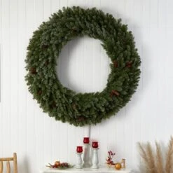 60 In. Prelit LED Flocked Artificial Christmas Wreath With Pinecones, 300 Clear LED Lights -Christmas Gift Shop nearly natural christmas wreaths w1284 1f 1000