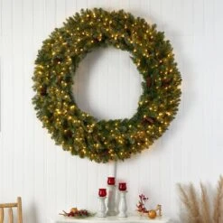 60 In. Prelit LED Flocked Artificial Christmas Wreath With Pinecones, 300 Clear LED Lights -Christmas Gift Shop nearly natural christmas wreaths w1284 31 1000