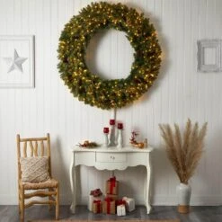 60 In. Prelit LED Flocked Artificial Christmas Wreath With Pinecones, 300 Clear LED Lights -Christmas Gift Shop nearly natural christmas wreaths w1284 44 1000