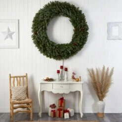 60 In. Prelit LED Flocked Artificial Christmas Wreath With Pinecones, 300 Clear LED Lights -Christmas Gift Shop nearly natural christmas wreaths w1284 fa 1000