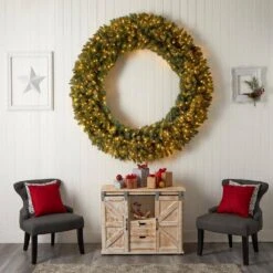 72 In. Prelit LED Giant Flocked Artificial Christmas Wreath With Pinecones, 400 Clear LED Lights -Christmas Gift Shop nearly natural christmas wreaths w1285 44 1000