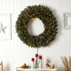 48 In. Prelit LED Large Flocked Artificial Christmas Wreath With Pinecones, Berries, 150 Clear LED Lights -Christmas Gift Shop nearly natural christmas wreaths w1286 31 1000