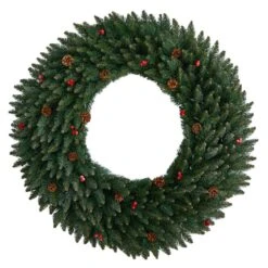 48 In. Prelit LED Large Flocked Artificial Christmas Wreath With Pinecones, Berries, 150 Clear LED Lights -Christmas Gift Shop nearly natural christmas wreaths w1286 4f 1000