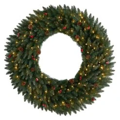 48 In. Prelit LED Large Flocked Artificial Christmas Wreath With Pinecones, Berries, 150 Clear LED Lights