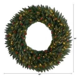 48 In. Prelit LED Large Flocked Artificial Christmas Wreath With Pinecones, Berries, 150 Clear LED Lights -Christmas Gift Shop nearly natural christmas wreaths w1286 c3 1000