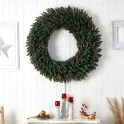 48 In. Prelit LED Large Flocked Artificial Christmas Wreath With Pinecones, Berries, 150 Clear LED Lights -Christmas Gift Shop nearly natural christmas wreaths w1286 fa 1000