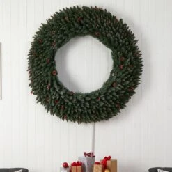 60 In. Prelit LED Large Flocked Artificial Christmas Wreath With Pinecones, Berries, 400 Clear LED Lights -Christmas Gift Shop nearly natural christmas wreaths w1287 1f 1000