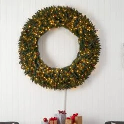 60 In. Prelit LED Large Flocked Artificial Christmas Wreath With Pinecones, Berries, 400 Clear LED Lights -Christmas Gift Shop nearly natural christmas wreaths w1287 31 1000