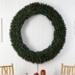 72 In. Pre-Lit LED Large Flocked Artificial Christmas Wreath With Pinecones, Berries, 600 Clear LED Lights -Christmas Gift Shop nearly natural christmas wreaths w1288 1f 1000