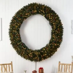 72 In. Pre-Lit LED Large Flocked Artificial Christmas Wreath With Pinecones, Berries, 600 Clear LED Lights -Christmas Gift Shop nearly natural christmas wreaths w1288 31 1000