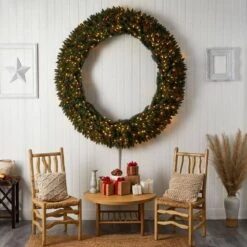 72 In. Pre-Lit LED Large Flocked Artificial Christmas Wreath With Pinecones, Berries, 600 Clear LED Lights -Christmas Gift Shop nearly natural christmas wreaths w1288 44 1000