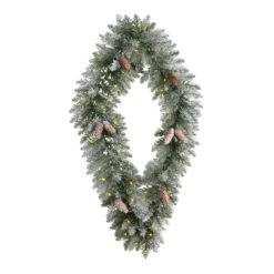 36 In. Prelit LED Geometric Diamond Frosted Artificial Christmas Wreath With Pinecones And 50 Warm White LED Lights