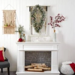 36 In. Prelit LED Geometric Diamond Frosted Artificial Christmas Wreath With Pinecones And 50 Warm White LED Lights -Christmas Gift Shop nearly natural christmas wreaths w1293 76 1000