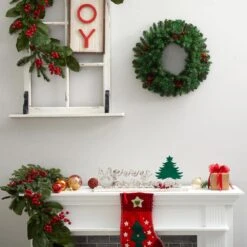 20 In. Prelit LED Frosted Pine Artificial Christmas Wreath With Pinecones, Berries And 35 Warm White LED Lights -Christmas Gift Shop nearly natural christmas wreaths w1305 1f 1000