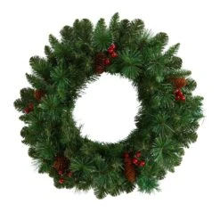 20 In. Prelit LED Frosted Pine Artificial Christmas Wreath With Pinecones, Berries And 35 Warm White LED Lights -Christmas Gift Shop nearly natural christmas wreaths w1305 4f 1000