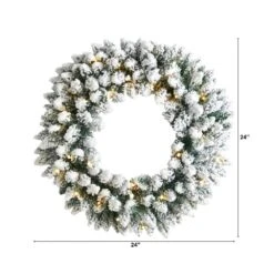 24 In. Prelit LED Flocked Artificial Christmas Wreath With 160 Bendable Branches And 35 Warm White LED Lights -Christmas Gift Shop nearly natural christmas wreaths w1306 4f 1000