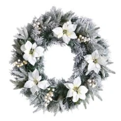 24 In. Prelit LED Flocked Poinsettia And Pine Artificial Christmas Wreath With 50 Warm White LED Lights -Christmas Gift Shop nearly natural christmas wreaths w1307 4f 1000