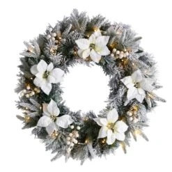 24 In. Prelit LED Flocked Poinsettia And Pine Artificial Christmas Wreath With 50 Warm White LED Lights