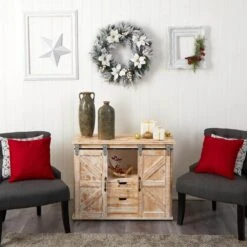 24 In. Prelit LED Flocked Poinsettia And Pine Artificial Christmas Wreath With 50 Warm White LED Lights -Christmas Gift Shop nearly natural christmas wreaths w1307 fa 1000