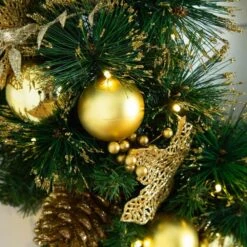 24 In. Pre-Lit Artificial Golden Frosted Christmas Wreath With 50-Warm White LED Lights Pinecones, Berries And Ornaments -Christmas Gift Shop nearly natural christmas wreaths w1397 1f 1000