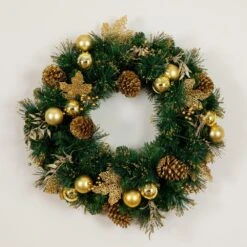 24 In. Pre-Lit Artificial Golden Frosted Christmas Wreath With 50-Warm White LED Lights Pinecones, Berries And Ornaments -Christmas Gift Shop nearly natural christmas wreaths w1397 44 1000