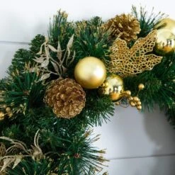 24 In. Pre-Lit Artificial Golden Frosted Christmas Wreath With 50-Warm White LED Lights Pinecones, Berries And Ornaments -Christmas Gift Shop nearly natural christmas wreaths w1397 4f 1000