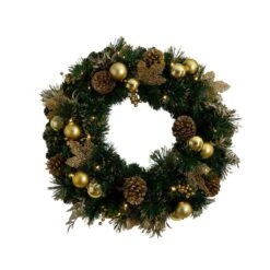 24 In. Pre-Lit Artificial Golden Frosted Christmas Wreath With 50-Warm White LED Lights Pinecones, Berries And Ornaments