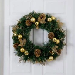 24 In. Pre-Lit Artificial Golden Frosted Christmas Wreath With 50-Warm White LED Lights Pinecones, Berries And Ornaments -Christmas Gift Shop nearly natural christmas wreaths w1397 66 1000