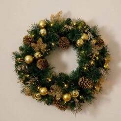 24 In. Pre-Lit Artificial Golden Frosted Christmas Wreath With 50-Warm White LED Lights Pinecones, Berries And Ornaments -Christmas Gift Shop nearly natural christmas wreaths w1397 fa 1000