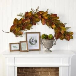 6 Ft. Autumn Magnolia Leaf And Berries Artificial Garland -Christmas Gift Shop nearly natural fall garlands 4497 31 1000