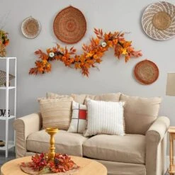 5.6 Ft. Orange Unlit Autumn Artificial Fall Garland With Maple Leaves And Pumpkins -Christmas Gift Shop nearly natural fall garlands w1217 1f 1000