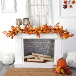 5.6 Ft. Orange Unlit Autumn Artificial Fall Garland With Maple Leaves And Pumpkins -Christmas Gift Shop nearly natural fall garlands w1217 31 1000