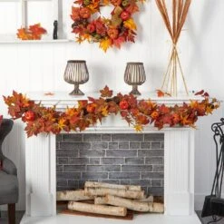6 Ft. Orange Autumn Maple Leaf, Pumpkin, Gourd And Berry Artificial Fall Garland -Christmas Gift Shop nearly natural fall garlands w1222 31 1000