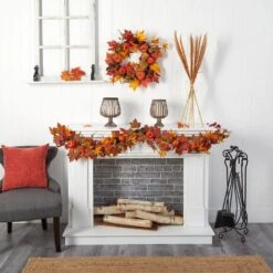 6 Ft. Orange Autumn Maple Leaf, Pumpkin, Gourd And Berry Artificial Fall Garland -Christmas Gift Shop nearly natural fall garlands w1222 4f 1000