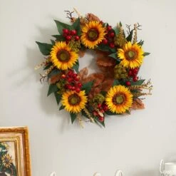 27in. Artificial Unlit Artificial Holiday Wreath With Sunflower Berry -Christmas Gift Shop nearly natural fall wreaths 4275 4f 1000