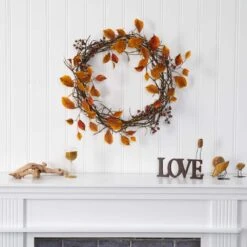 19 In. Harvest Leaf Berries And Twig Artificial Wreath -Christmas Gift Shop nearly natural fall wreaths 4471 31 1000