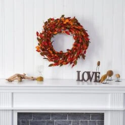 20 In. Harvest Leaf And Mini Pumpkin Artificial Wreath -Christmas Gift Shop nearly natural fall wreaths 4472 31 1000