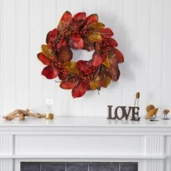 24 In. Harvest Magnolia Leaf And Berries Artificial Wreath -Christmas Gift Shop nearly natural fall wreaths 4496 31 1000
