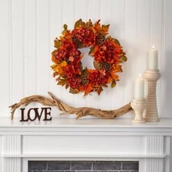 24 In. Fall Hydrangea, Lotus And Berries Artificial Wreath -Christmas Gift Shop nearly natural fall wreaths 4653 31 1000