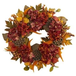 24 In. Fall Hydrangea, Lotus And Berries Artificial Wreath