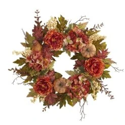 24 In. Fall Peony, Hydrangea And Pumpkin Artificial Wreath