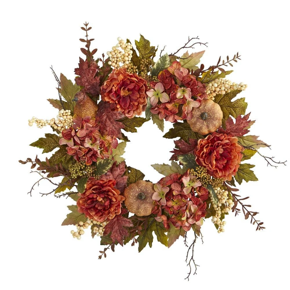 24 In. Fall Peony, Hydrangea And Pumpkin Artificial Wreath 3 24 In. Fall Peony, Hydrangea And Pumpkin Artificial Wreath
