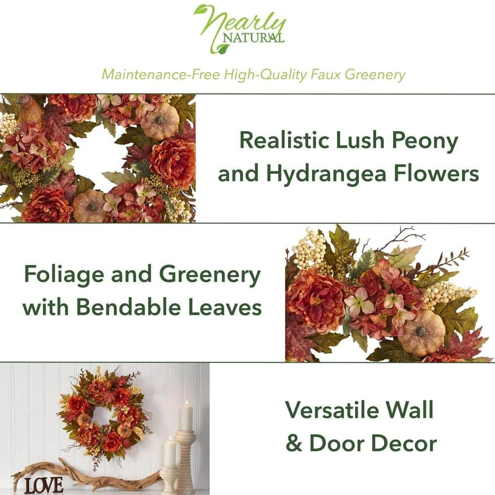 24 In. Fall Peony, Hydrangea And Pumpkin Artificial Wreath 4 24 In. Fall Peony, Hydrangea And Pumpkin Artificial Wreath - Image 2