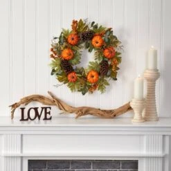 24 In. Fall Pumpkins, Pine Cones And Berries Artificial Wreath -Christmas Gift Shop nearly natural fall wreaths 4701 31 1000