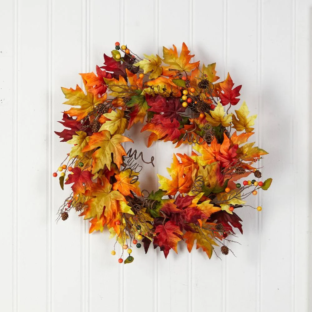 24 In. Green Autumn Maple Leaf And Berries Artificial Fall Wreath With Twig Base 6 24 In. Green Autumn Maple Leaf And Berries Artificial Fall Wreath With Twig Base - Image 4