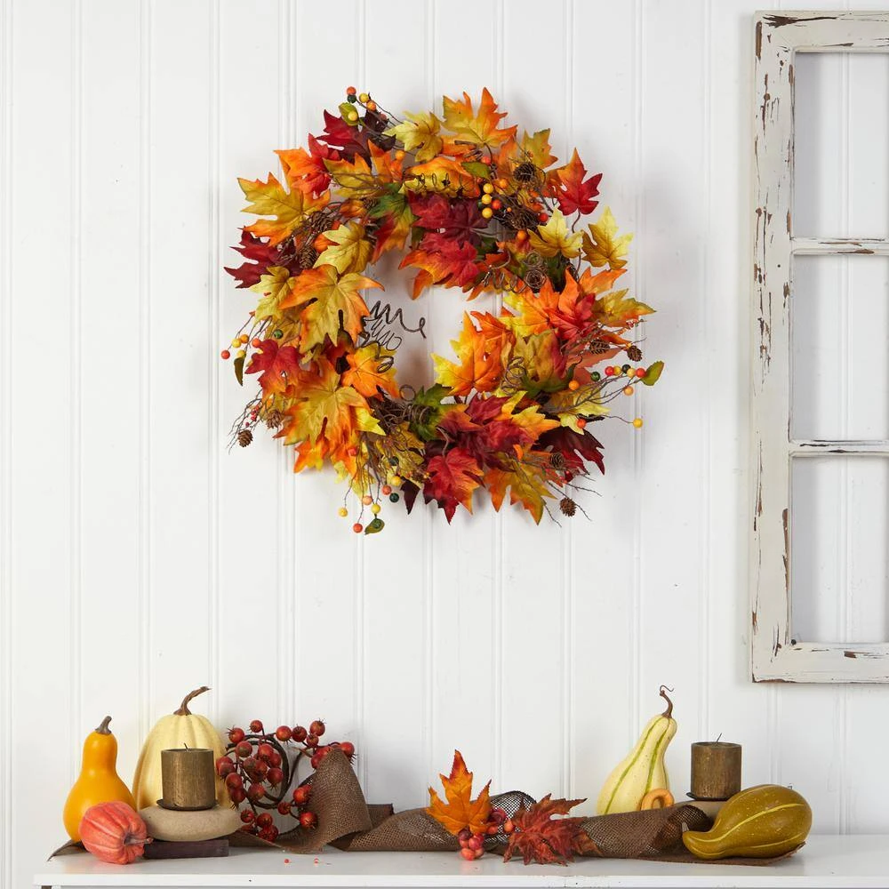 24 In. Green Autumn Maple Leaf And Berries Artificial Fall Wreath With Twig Base 5 24 In. Green Autumn Maple Leaf And Berries Artificial Fall Wreath With Twig Base - Image 3