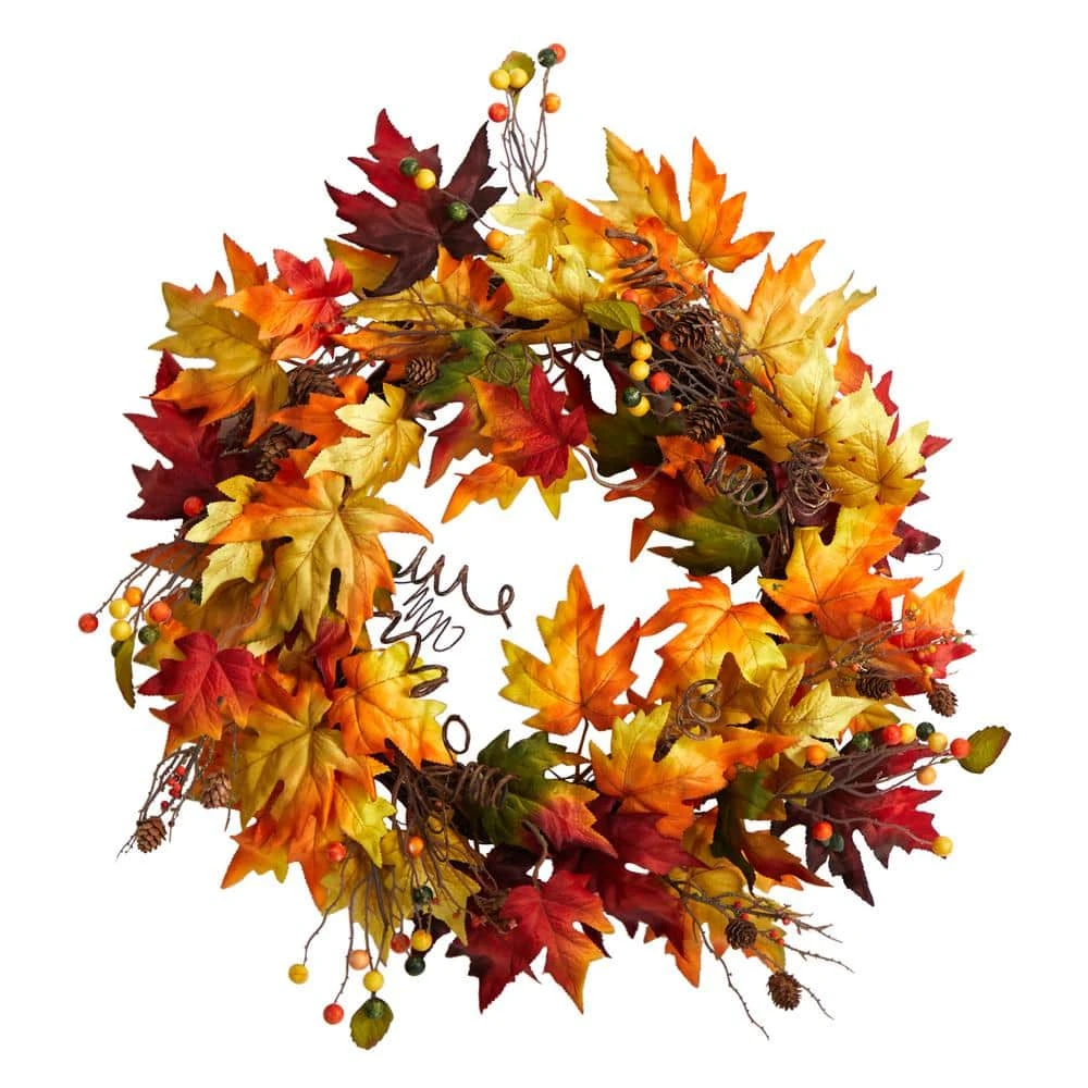 24 In. Green Autumn Maple Leaf And Berries Artificial Fall Wreath With Twig Base 3 24 In. Green Autumn Maple Leaf And Berries Artificial Fall Wreath With Twig Base